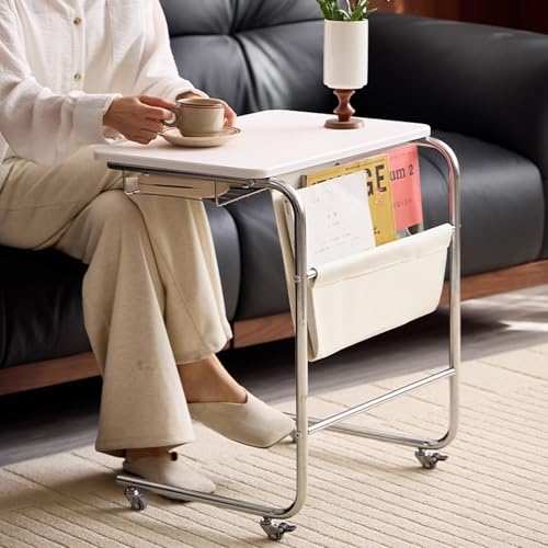 Moderner mobiler Beistelltisch mit Rollen – Rollbarer Beistelltisch für Sofa, Nachttisch & Überbett – Vielseitiges Laptop-Schreibtisch-Table tt für Snacks & Bücher (weiß)