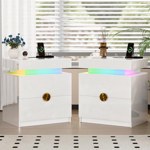OUTDOOR DOIT LED Nachttisch 2er Set – mit RGB-Beleuchtung,Nachtschr ank mit Versteckter Schublade und 2 Schubladen,Auto-Sensor,US B und Typ-C Moderner Nachtkommode für Das Schlafzimmer,Weiß