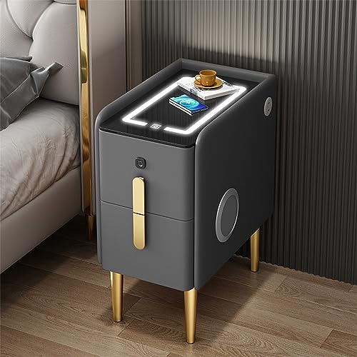 Nachttisch Intelligenter Nachttisch mit dreifarbiger LED-Markisenbeleuchtung, Nachttisch mit kabelloser Ladefunktion, Nachttisch mit USB-Ladeanschluss, Nachttisch mit Fingerabdruckschloss (Dunkelgrau