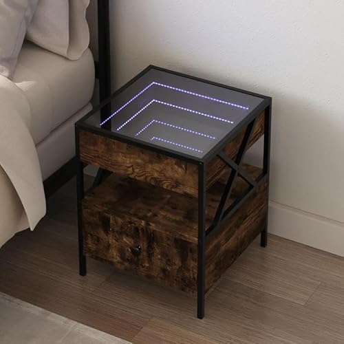 Eleganz Nachttisch mit Infinity- - Moderner Beistelltisch aus Räuchereiche (Holzwerkstoff, Glas & Stahl) 40x40x51 cm - Stilvolles Nachtmöbel für Schlafzimmer
