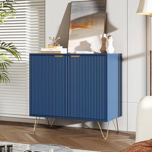 Henunem Nachttisch Kommode, Nachtschrank,Moderne Nachtkommode mit Goldene Beine, Akzent Aufbewahrung Kommode Schrank Organizer für Wohnzimmer, Flur, Eingang, Home Office(Blau-Doppeltüren)