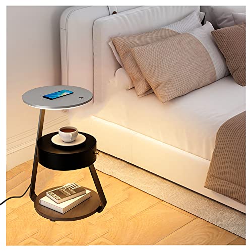 Intelligenter moderner Nachttisch mit verstellbaren LED-Lichtern, kabelloses Aufladen, offenes Aufbewahrungsregal, Nachttisch & Couchtisch für Schlafzimmer – Silber-Finish, stilvoller Beistelltisch