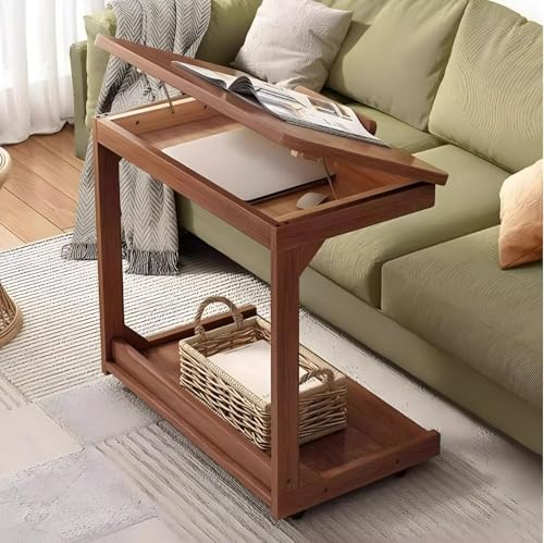 Verstellbarer C-Tisch aus Holz auf Rollen für Wohnzimmer und Schlafzimmer, moderner kleiner Beistelltisch mit mobilem Nachttisch-Design (Braun 60 x 40 x 63)