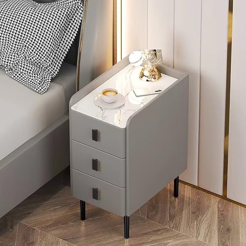 Schlanker Nachttisch mit 3 Schubladen, moderner Nachttisch aus Kunstleder und Massivholz, mit Steinplatte, Metallbeinen und Griffen, ideal für Schlafzimmer (25 x 40 x 60 cm, Grau B)