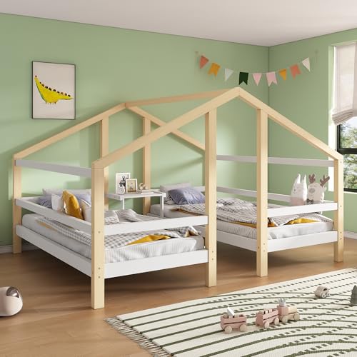Soweiz Hausbett für 2 Kinder Zwei Einzelbetten unter einem Dach im Hausbettdesign mit Nachttisch Lattenrost Jugendbett 90x200cm mit Rausfallschutz Weiß+Natur