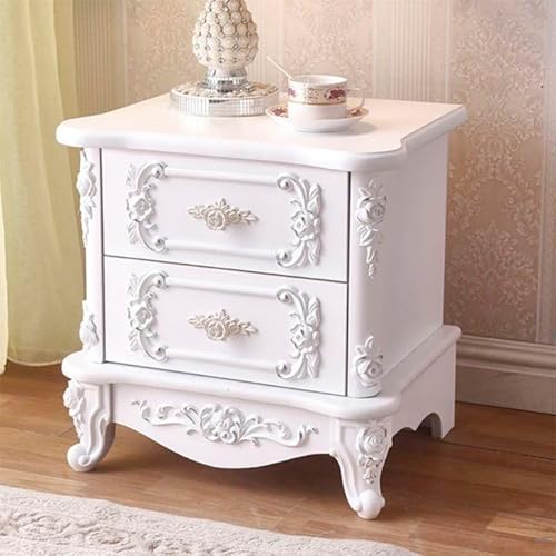 Eleganter Nachttisch im französischen Landhausstil mit 2 Schubladen, Rattan-Nachttisch, Beistelltisch im Landhausstil, Nachttisch mit Schnitzereien für Schlafzimmer und Wohnzimmer (Weiß-Silber, 48 x 4