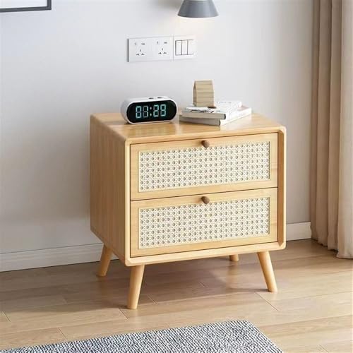 Rattan-Nachttisch mit 2 Schubladen, beige mit Massivholzbeinen, stilvolle Rattan-Dekoration für Schlafzimmer und Wohnzimmer, 48 x 39,9 x 49 cm
