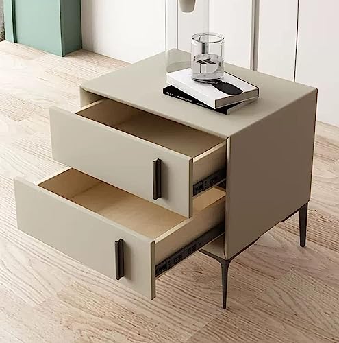 IROEJT Nachttisch im Mid-Century-Modern-Stil – Nachttisch aus PU-Leder mit 2 Schubladen und schwarzen Metallbeinen, minimalistischer Beistelltisch fürs Schlafzimmer, K?Khaki 40x40x48cm
