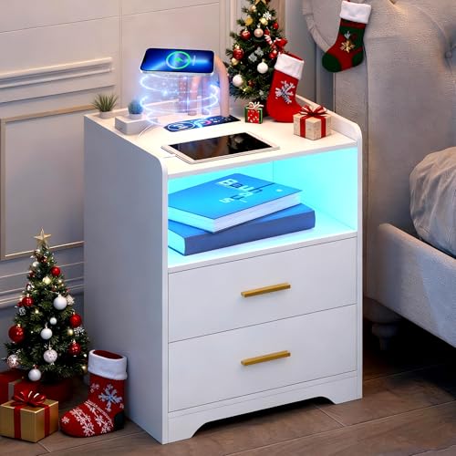Vlsrka RGB Nachttisch mit Ladefunktion, LED Nachttisch mit USB und Type-C Stecker, Nachtschrank mit 24 Farben Licht, Moderner Nachtschrank mit 2 Schubladen, Nachttische Holz Schlafzimmer, Weiß