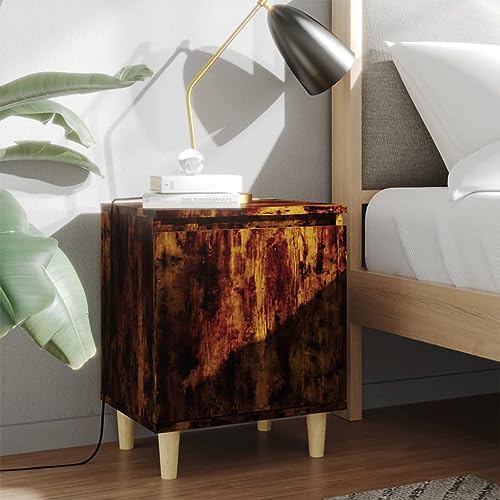 HaoChrymec Nachttisch mit Massivholz-Beinen, Holzwerkstoff, Skandinavisches Design, 2 Türen, Kommode mit Schubladen, Kleiner Beistelltisch für Schlafzimmer und Wohnzimmer, Räuchereiche, 40x30x50 cm