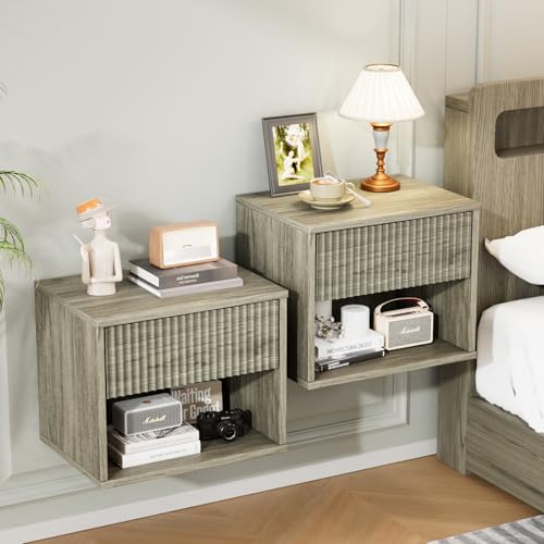 Bonnlo Nachttisch hängend, Kommode mit Schublade und Ablagefach, Nachttisch 2er Set, Modern und Elegant in grauem Eichendekor, Reliefoptik, rechteckige Kanten und Gitterdesign, 40 x 30 x 33 cm