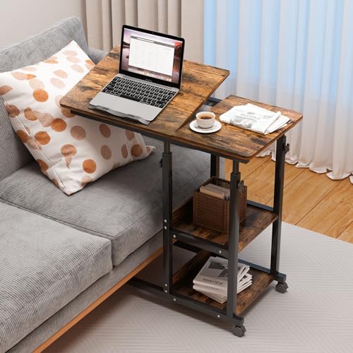 Beistelltisch mit Rollen Couchtisch Höhenverstellbar Laptoptisch Der Desktop kann umgedreht Werden Nachttisch Holz Tisch Wohnzimmer, Betttisch Sofatisch C Form für Schlafzimmer, 80x40cm, Vintage Braun