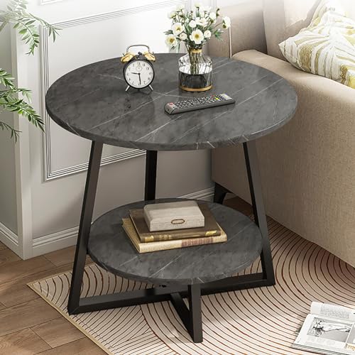 Kleiner Nachttisch mit Schubladen,2-stufige runde Seite mit Ablage,Ende mit Metallrahmen aus Kunstmarmor,Nachttisch mit Kaffeeakzent für Wohnzimmer und Schlafzimmer (