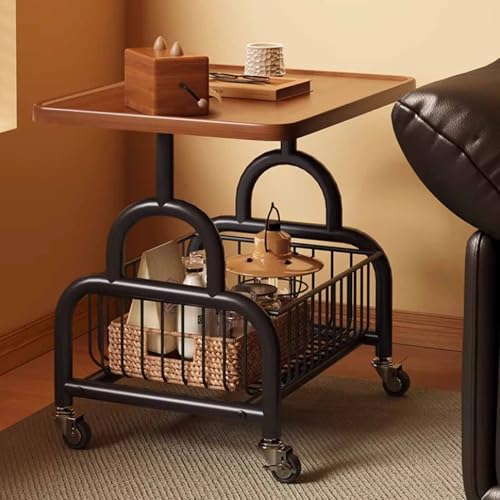 KaBuea 360° mobiler rollbarer Beistelltisch mit abnehmbarem Aufbewahrungskorb aus Metall, Sofa-Beistelltisch for kleine Räume im Wohnzimmer, Schlafzimmer