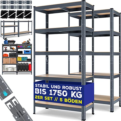MASKO® 2er-Set Lagerregal Schwerlastregal, Kellerregal, 180 x 90 x 40 cm, bis 875 kg belastbar, 5 verstellbare Ablagen, MDF-Platten Regal aus Metall, Steckregal, Werkstattregal, Keller, Garage Grau