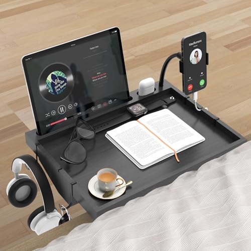 MYFINCA Nachttischregal mit Handy-Halterung für Bett, Holz-Bettregal für obere Etagenbetten, Essentials, Clip-On-Nachttisch, Nachttisch für Kinder, integrierter Tablet-Steckplatz (Schwarz, 40 x 29,5