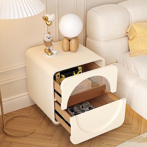 HJYBFA Moderner, hübscher Nachttisch mit Schubladen aus gehärtetem Glas, stilvoller Akzenttisch für Schlafzimmer/Wohnzimmer, Beine aus Edelstahl, Off-White, 30 x 40 x 48 cm