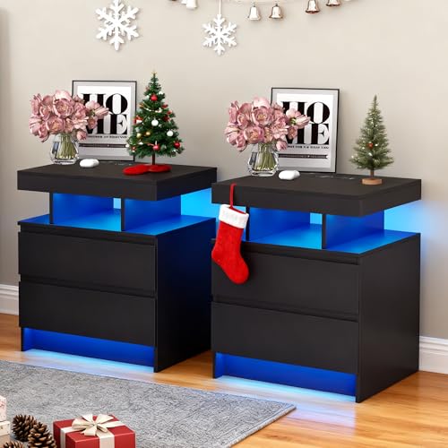 Vlsrka LED Nachttisch 2er Set mit Ladestation, Nachttisch mit 3 Farben Licht, Smart Nachttische mit Drahtloses Laden, Nachtkästchen mit 2 Schubladen, Moderner Nachtschrank Set Schlafzimmer, Schwarz
