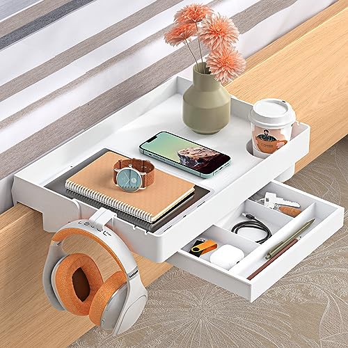 SPACELEAD Nachttischregal für Bett – Studentenwohnheimzimmer mit Clip auf Nachttisch mit Getränkehalter & Kordelhalter & Schublade – Etagenbettregal für Organizer Top für Schlafzimmer (weiß,