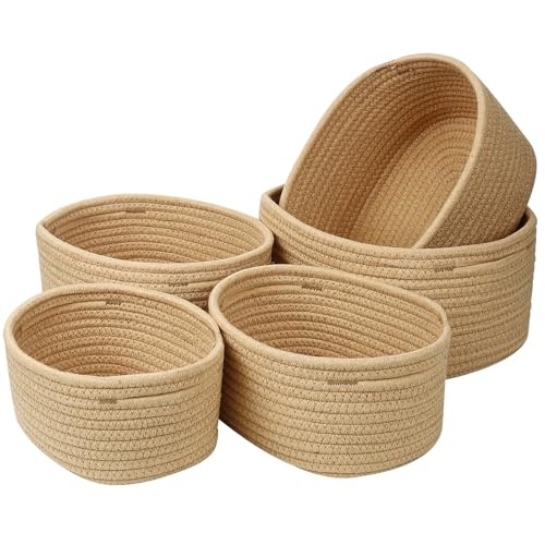 Mozvvco 5er Set Baumwollseil Aufbewahrungskorb,Körbch en Wickeltisch Organizer Korb Aufbewahrung,Storage Basket für Bad Badezimmer Kinderzimmer Wickeltisch(Jute)