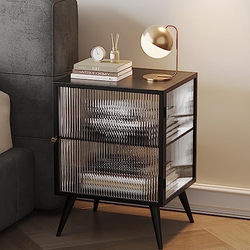 Nachttisch aus Glas mit Schublade – Minimalistisches Nachttischmöbel mit stabilem Stahlrahmen für Schlafzimmer und Wohnzimmer – Moderne Kommode mit Regalständer