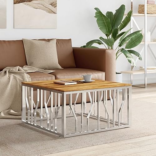 QJBSAVVA Couchtisch, Konsolentisch Schmal Kleiner Tisch Nachttisch Klein Couchtisch Mit Stauraum Geeignet für Zuhause Büro College-Schlafsaal Study Room Silbern Edelstahl und Massivholz Akazie