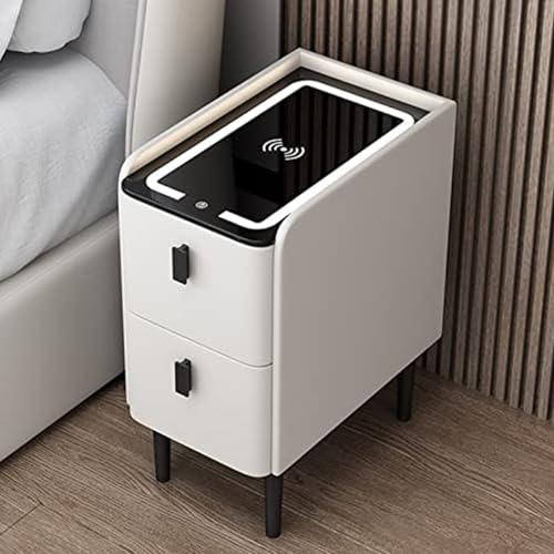 Schmaler Nachttisch mit USB-Ladeanschluss, Nachttisch aus Holz mit 2 Schubladen, stilvoller Beistelltisch für Schlafzimmer & Wohnzimmer (A4, 25 cm)