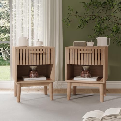 Nachttisch 2er-Set, Moderner Nachttisch mit Schubladen, Bettlektüren mit Stauraum, Kommode für Schlafzimmer und Wohnzimmer, Holz (Holzfarbe, 55 x 40 x 35 cm)