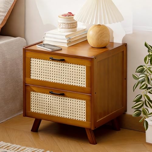JUXDZISHW Braun,Leg,Rattan Nachttisch, Holz Beistelltisch mit 2 Hand Made Rattan dekoriert Schubladen, Boho Nachttisch, Beistelltisch Couch mit Lagerung, für Wohnzimmer, Schlafzimmer