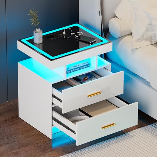 OUTDOOR DOIT LED Nachttisch mit Ladestation, Intelligenter Nachtisch mit 3 Farben und Menschensensorlichter, Moderner Beistelltisch mit 2 Schubladen für Schlafzimmer, Weiß