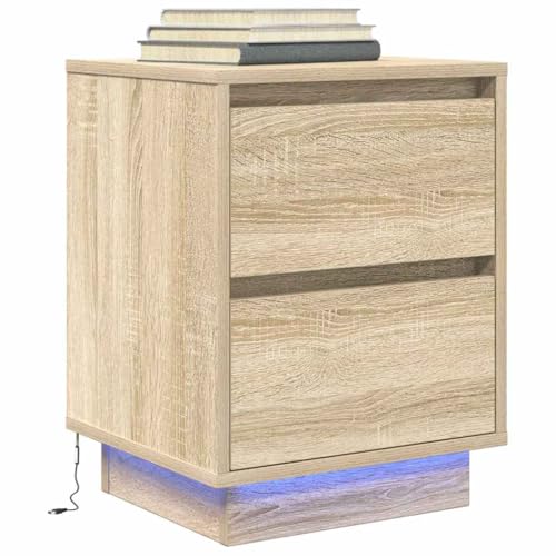 HaoChrymec Nachttisch mit LED-Leuchten, Holzwerkstoff, RGB-LED-Beleuchtung, 2 Schubladen, Nachttisch schwarz, Beistelltisch für Schlafzimmer und Wohnzimmer, Sonoma-Eiche, 38x34x50 cm