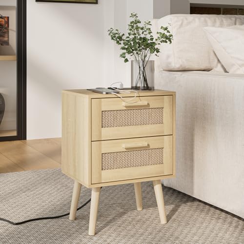 HEYZOEY Nachttisch Rattan, Beistelltisch mit Schublade, Nachtkommode mit Holz Beine für Schlafzimmer, Wohnzimmer (Yellow-2Drawer-Outlet)
