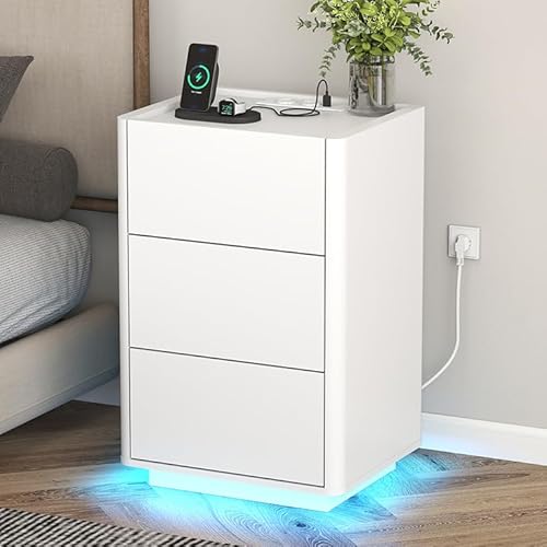 YOSHOOT Nachttisch mit LED 3 Schubladen, Beistelltisch mit Steckdose, Moderner Nachttisch für Wohnzimmer, Schlafzimmer, Arbeitszimmer,39.8×35×6 5cm (Weiß)