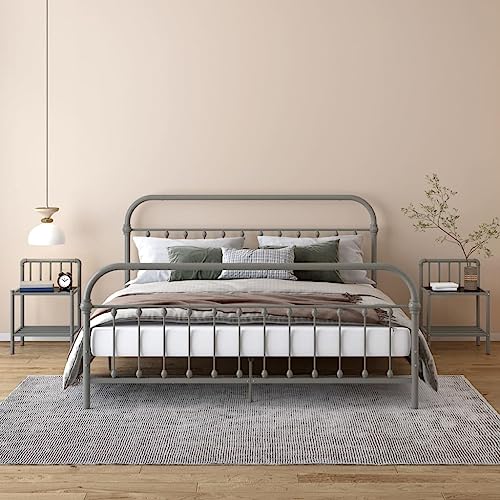 SDWEHO7 2er Set Nachtschrank mit Glasablage, Metallgestell, Pflanzenständer, Lampentisch, Beistelltisch, Nachttisch, Beistellschränke für Schlafzimmer, Grau und Schwarz Metall und Glas