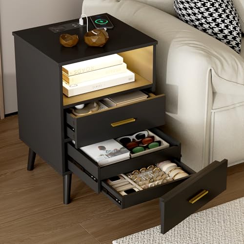 Vlsrka LED Nachttisch mit Geheimfach, Nachttisch mit Ladefunktion, Modern Nachttische mit Versteck und 2 Schubladen, Nachttische Holz für Schlafzimmer, Kabelloses Laden, 3 Farben Licht, Schwarz