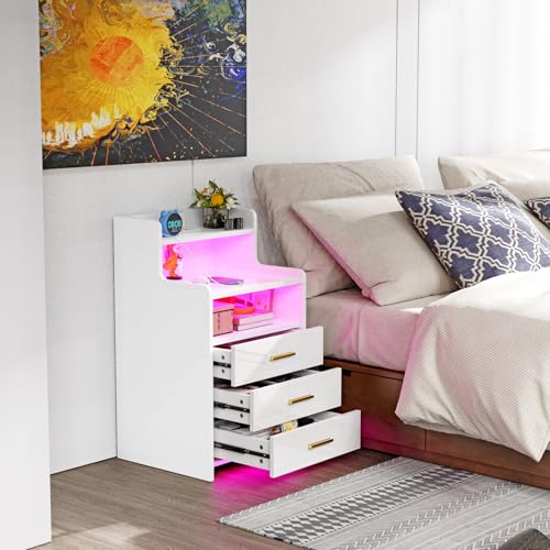 ARunThLana Nachttisch mit LED-Beleuchtung, Nachttisch Weiß Hochglanz mit 3 Schubladen, 2 AC-Steckdosen, 2 USB-Anschlüsse, modern, für Wohnzimmer, Schlafzimmer, Büro
