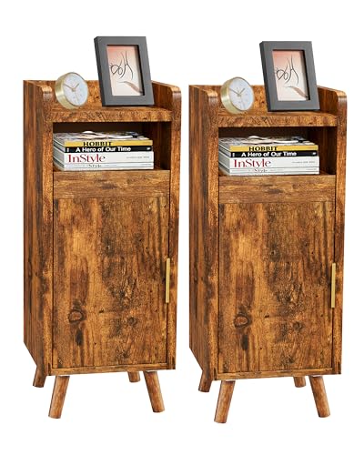 Durecoform Nachttisch Schmal, Kleiner Nachtschrank Braun Holz 2er Set mit Tür und Offenem Fach, Nachtkästchen Beistelltisch mit Stauraum Moderner Nachttisch für Schlafzimmer Wohnzimmer (25×30×61cm)