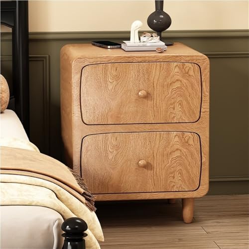 Nachttisch aus Massivholz mit Lederummantelung, moderner Nachttisch mit Metallrahmen, Nachttisch mit 2 Schubladen, Kleiner Aufbewahrungsschrank aus Massivholz (Beige)