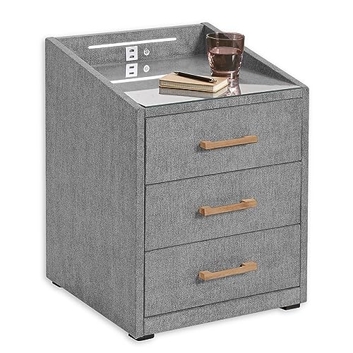 LUNA Nachttisch Boxspringbett, Dunkelgrau - Funktionaler Nachtschrank mit USB-Anschluss und LED-Beleuchtung - 47 x 61 x 46 cm (B/H/T)