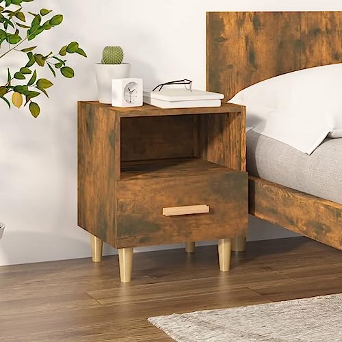 Nachttisch Räuchereiche 40x35x47 cm,Skandinavischer Nachttisch aus Holzwerkstoff und Eukalyptusholz mit Stauraum und Montageoption Schlafzimmer, Nachttische