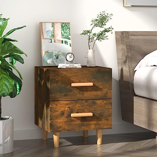 Qnhdfrt Nachttisch Räuchereiche 40x35x47,5 cm mit 2 Schubladen aus Holzwerkstoff und massivem Eukalyptusholz für Schlafzimmer und Wohnzimmer mit skandinavischem Design