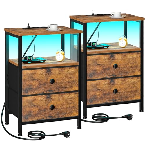 AMHANCIBLE Nachttisch 2er Set, Beistelltisch mit Ladestation und LED-Leuchten, Sofatisch mit 2 Stoffschubladen, Nachtschrank aus Holz mit offenem Regal für Schlafzimmer, Wohnzimmer, Braun EHETS02BR