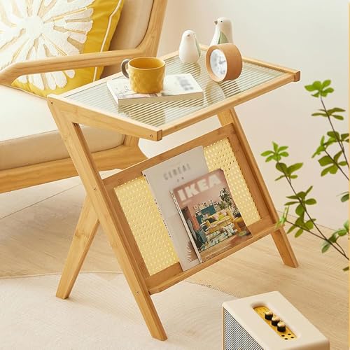 Z-förmiger Rattan-Beistelltisch mit Zeitschriftenständer, Boho Nachttisch mit Glasplatte für kleine Räume im Wohnzimmer oder Schlafzimmer