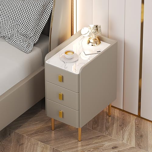 Nachttisch mit 3 Schubladen, Kunstleder und Massivholzrahmen, Steinplatte, Metallbeine und Griffe, moderner schmaler Nachtschrank für Schlafzimmer