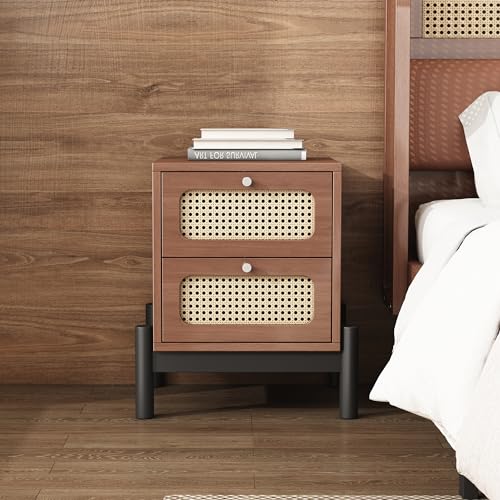 HAINEW Moderner Walnussfarbe Nachttisch Nachtschrank Beistelltisch mit 2 Rattan Schubladen, Holz Nachtkommode Sofatisch für Schlafzimmer und Wohnzimmer