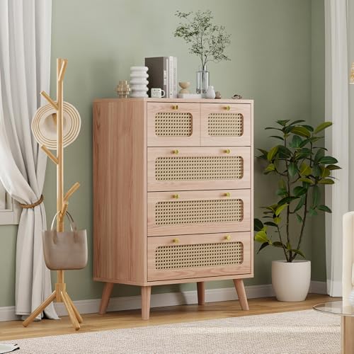 Aufbewahrungsschrank aus Rattan mit 5 Schubladen, Aufbewahrungsschränke aus Holz, Eck-Nachttisch für Ankleidezimmer, Eingangsbereich, Flur, Wohnzimmer, Schlafzimmer, Esszimmer
