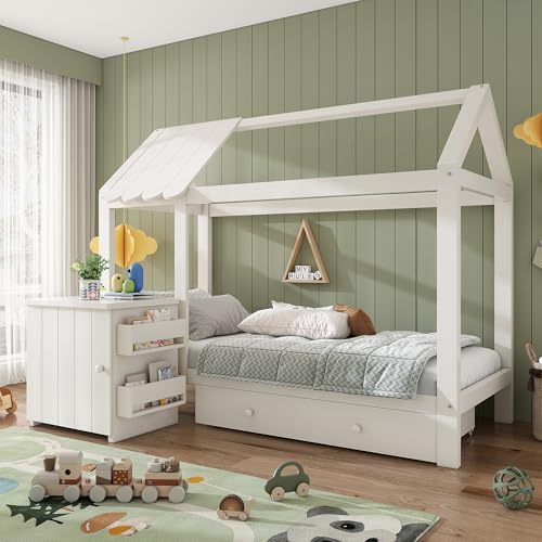 MOBETTRES Hausbett Kinderbett 90x200 cm aus Massivholz mit Schubladen & abnehmbarem Nachttisch (Weiß, 90x200)