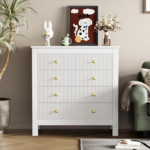 Moderne weiße Kommode mit 5 Trocknern und D-Griffen, Vintage-Mehrzweck-Nachtti sch für Schlafzimmer, stilvoller Holzschrank, 80 x 40 x 80 cm (Weiß-E)
