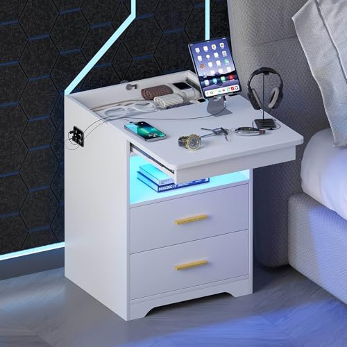 Gurexl LED Nachtschrank mit 3 Licht Dimmbar, Smart Nachttisch mit Ladefunktion, Abschließbare Schubladen Sideboard mit 3 Schubladen USB Type-C Weiß Wohnzimmer