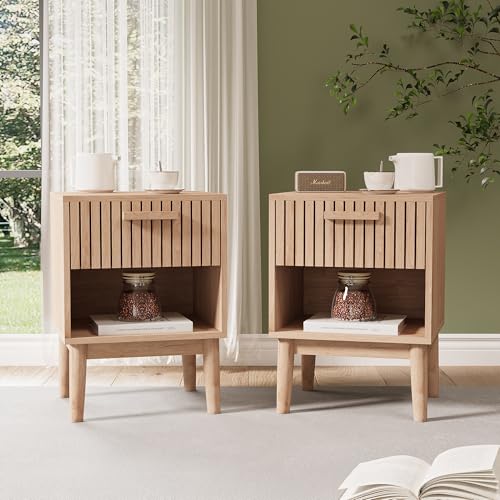 YGHQAP 2 Stück Nachttisch aus Holz, Beistelltisch mit 1 Schublade, Bohème, Nachttisch, mit skandinavischem Fach, Nachttisch für Wohnzimmer, Schlafzimmer, Büro, Natur